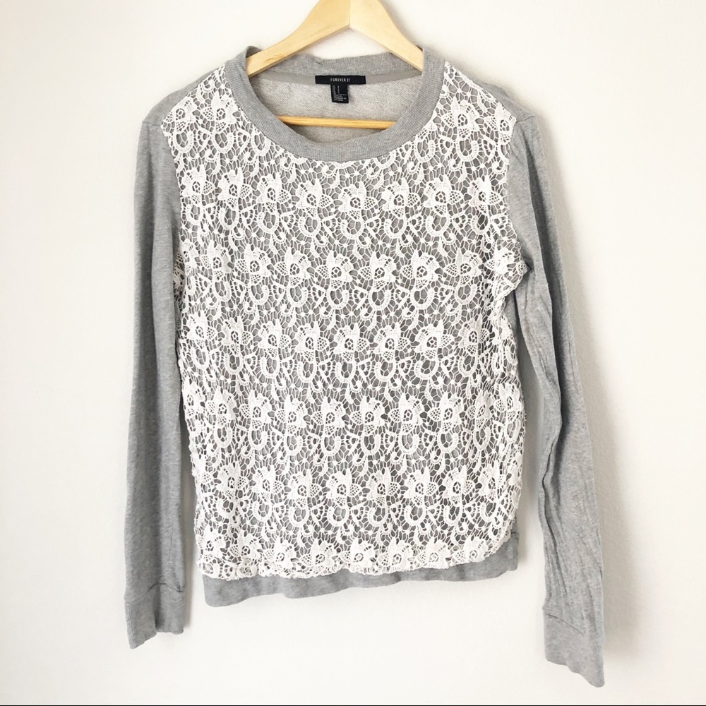 Forever 21 Gray White Floral Crochet Sweater Small